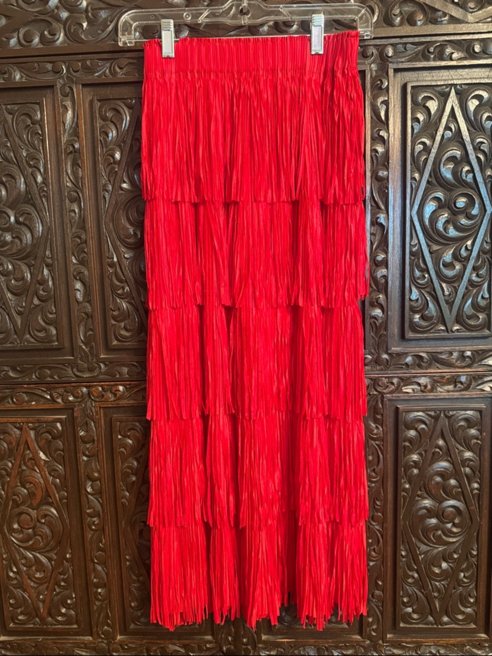 WAY Vibrant Red Tiered Fringe Maxi Skirt